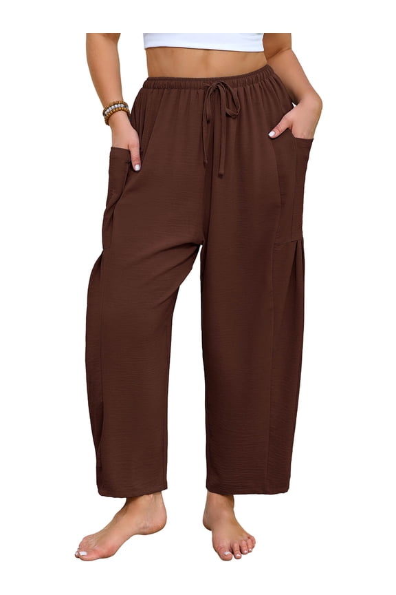 Plus Size Casual Boho Pants for Women, Wide Leg Baggy Lantern Trousers with External Pockets, Chocolate 3X Elastic High Waist Drawstring Summer Beach Pants