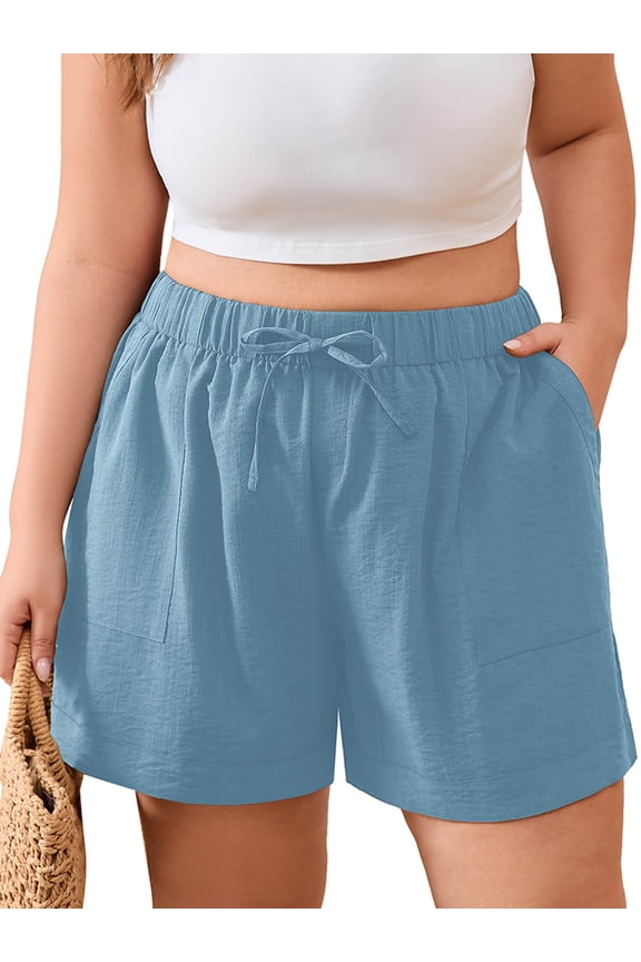 Plus Size Casual Shorts for Women with Pockets, High Waisted Lightweight Summer Beach Shorts, Blue Gray 3X Elastic Drawstring Lounge Walking Shorts