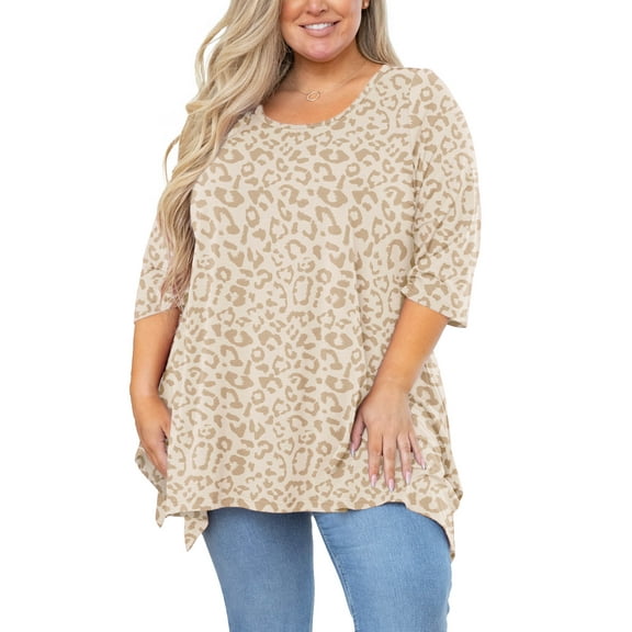 SHOWMALL Plus Size Clothes for Women 3/4 Sleeve Blouse Cream Leopard 1X Swing Top Maternity Clothing Crewneck Loose Shirt for Leggings