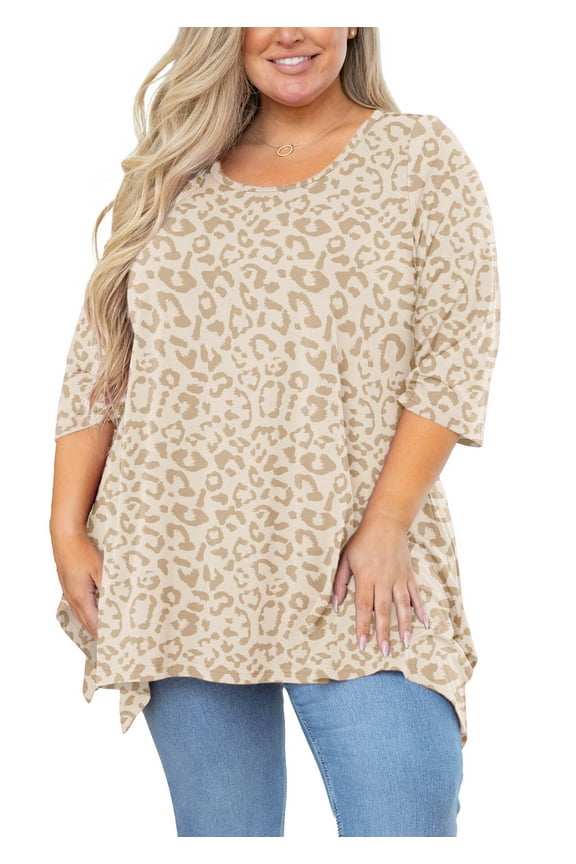 Plus Size Clothes for Women 3/4 Sleeve Blouse Cream Leopard 3X Swing Top Maternity Clothing Crewneck Loose Shirt for Leggings