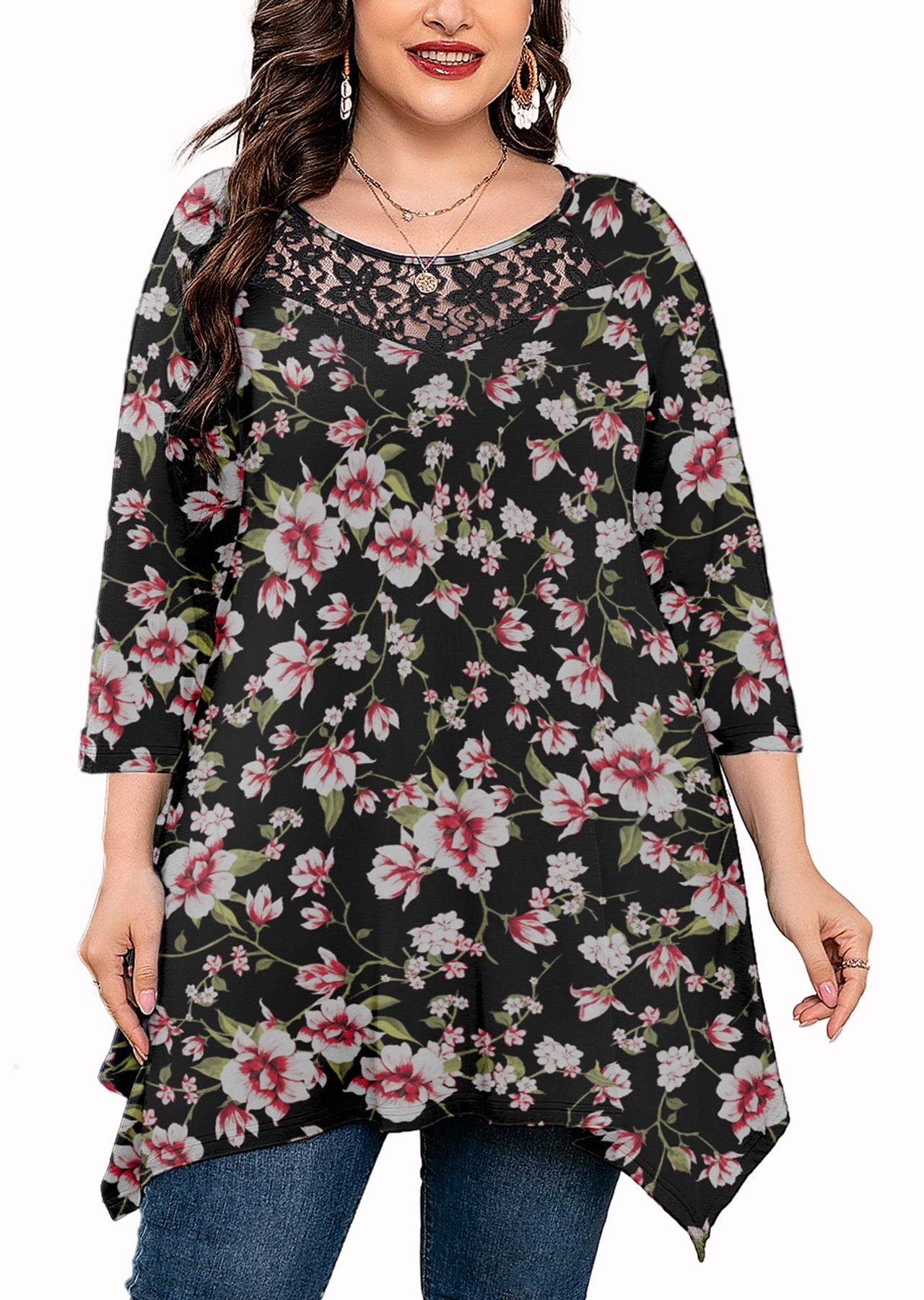 WRRH Women's Plus Size Floral Blouse - Loose Fit Short Sleeve Tunic Top For Leggings (Sizes M-4XL) - View #3