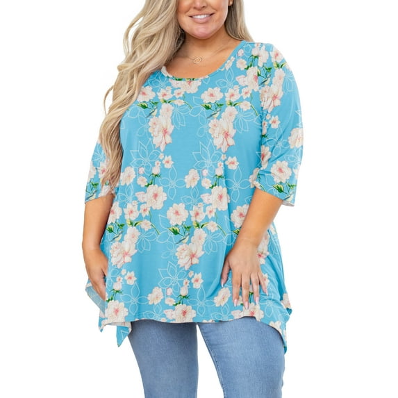 SHOWMALL Plus Size Clothes for Women 3/4 Sleeve Blouse Swing Tunic Floral Light Blue 1X Clothing Crewneck Maternity Loose Fitting Top