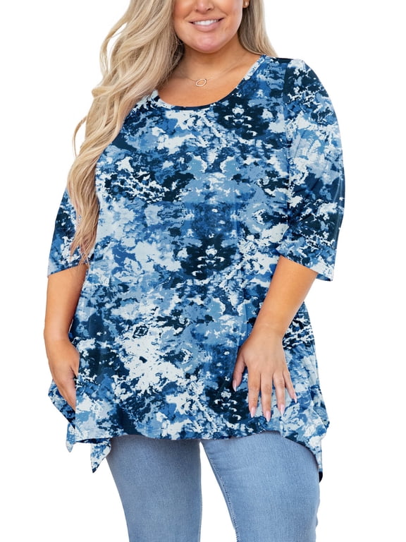 Plus Size Clothes for Women 3/4 Sleeve Blouse Tie-Dyeing Blue 3X Swing Top Maternity Clothing Crewneck Loose Shirt for Leggings