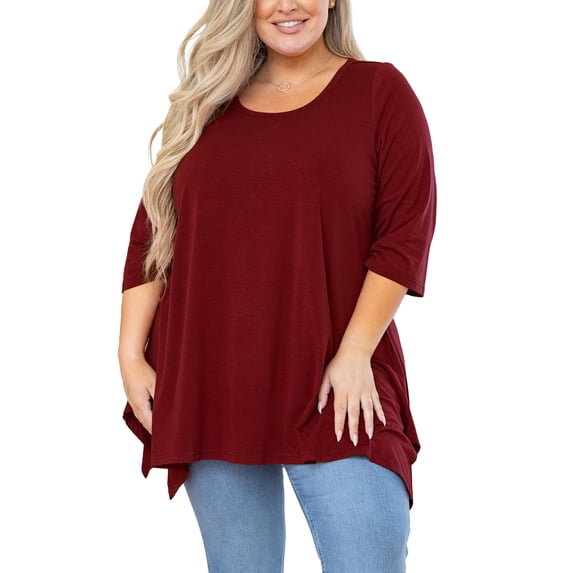 SHOWMALL Plus Size Clothes for Women 3/4 Sleeve Blouse Wine Red 2X Swing Top Maternity Clothing Crewneck Loose Shirt for Leggings