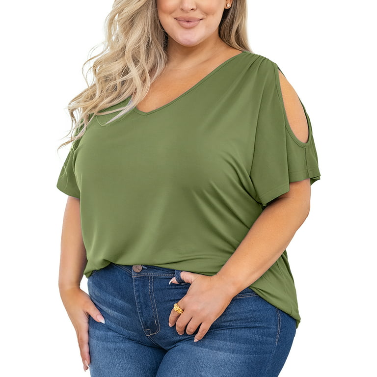 SHOWMALL Plus Size Tops for Women Cold Shoulder Clothes Gray Blue 4X Blouse  Short Sleeve Clothing V Neck Tunic Summer Shirts 