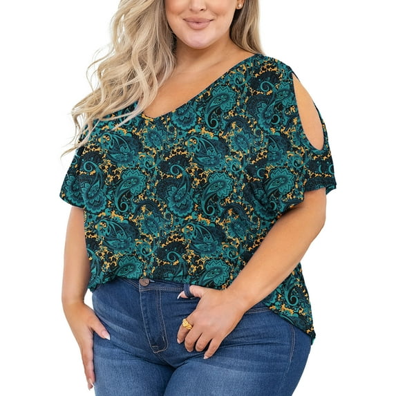 SHOWMALL Plus Size Clothes for Women Cold Shoulder Top Green Field 1X Blouse Short Sleeve Clothing V Neck Tunic Summer Shirts