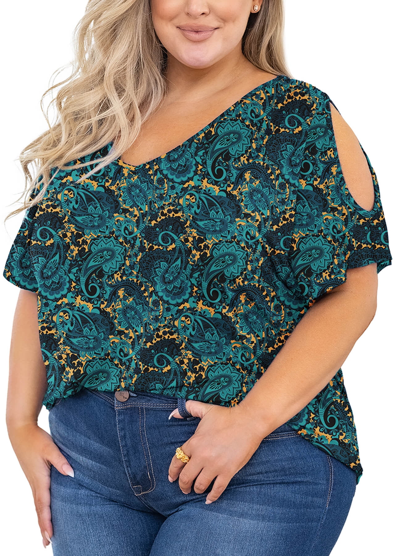 Showmall Plus Size Cold Shoulder Top For Women Green 3X V Neck showmall-plus-size-cold-shoulder-top-for-women-green-3x-v-neck
