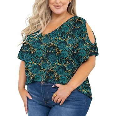 SHOWMALL Plus Size Clothes for Women Cold Shoulder Top Green Field 3X Blouse Short Sleeve Clothing V Neck Tunic Summer Shirts