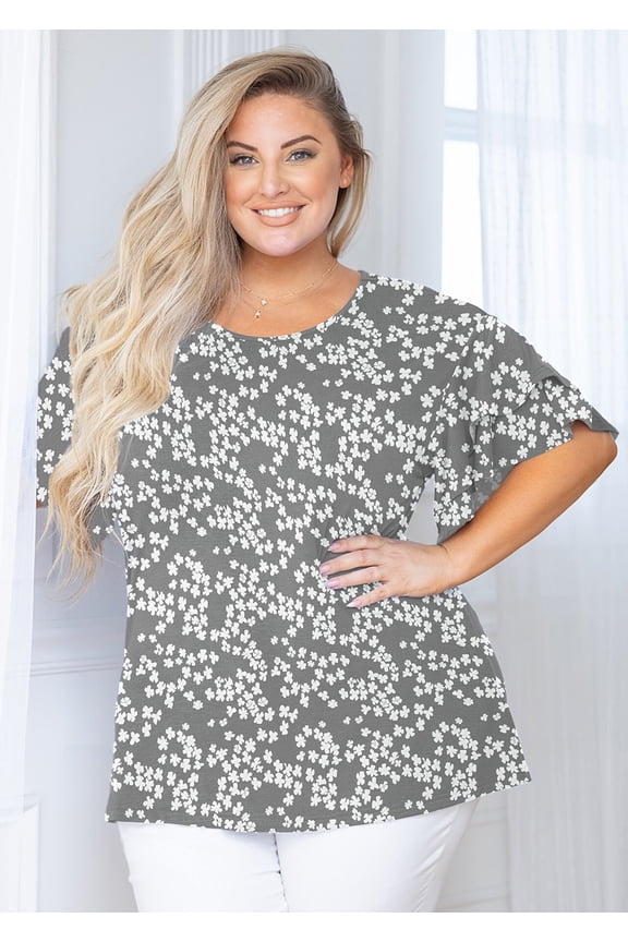 Plus Size Clothes for Women Double Ruffle Short Sleeve Grey Sakura 2X Tunic Shirt Summer Tops Loose Fitting Clothing