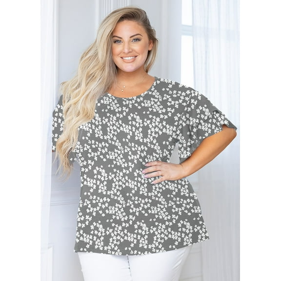 SHOWMALL Plus Size Clothes for Women Double Ruffle Short Sleeve Grey Sakura 5X Tunic Shirt Summer Tops Loose Fitting Clothing