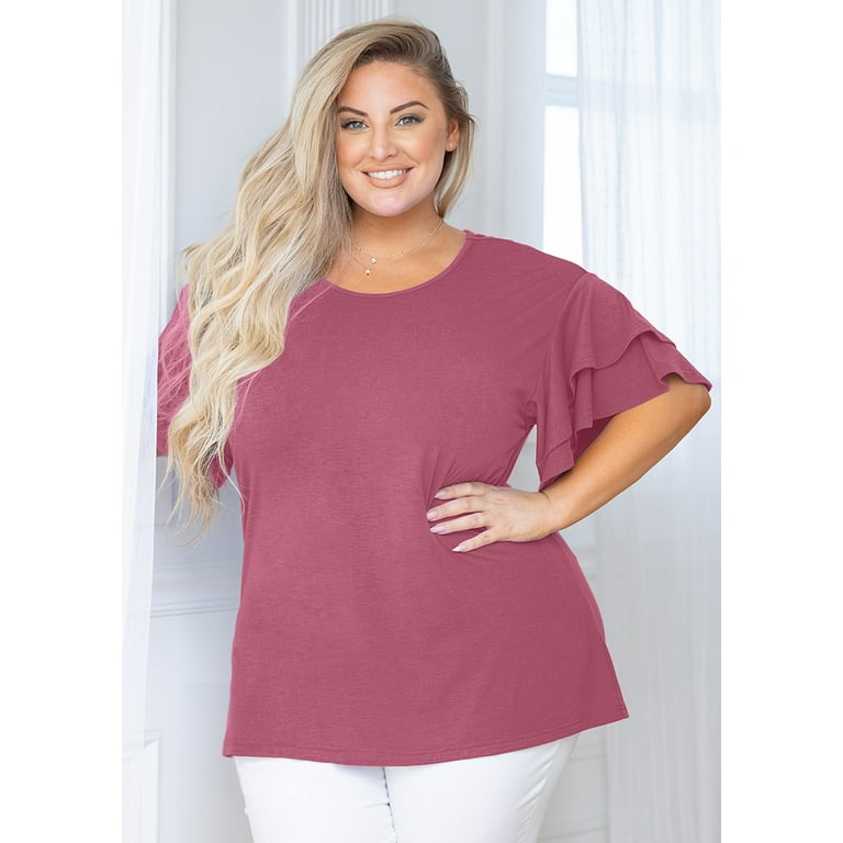 SHOWMALL Plus Size Clothes for Women Double Ruffle Short Sleeve Mauve 2X  Tunic Shirt Summer Tops Loose Fitting Clothing 