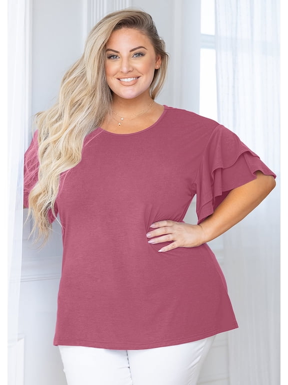 Plus Size Clothes for Women Double Ruffle Short Sleeve Mauve 2X Tunic Shirt Summer Tops Loose Fitting Clothing