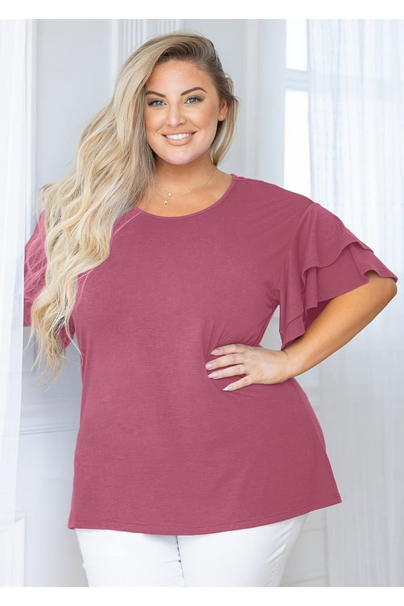 Plus Size Clothes for Women Double Ruffle Short Sleeve Mauve 3X Tunic Shirt Summer Tops Loose Fitting Clothing