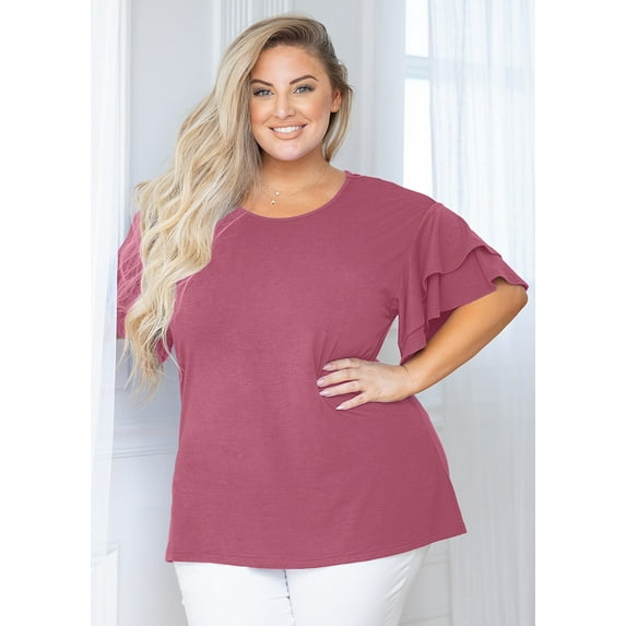 SHOWMALL Plus Size Clothes for Women Double Ruffle Short Sleeve Mauve 5X Tunic Shirt Summer Tops Loose Fitting Clothing