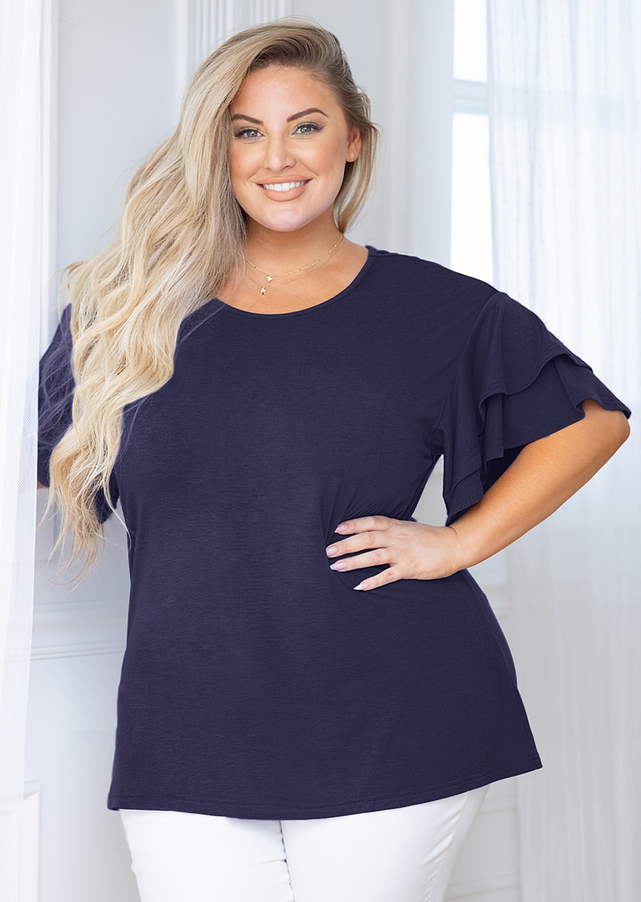 SHOWMALL Women Plus Size Tops Short Sleeve Tunic Side Slit Shirt Summer  V-Neck Blouse Navy Blue 2X Tops