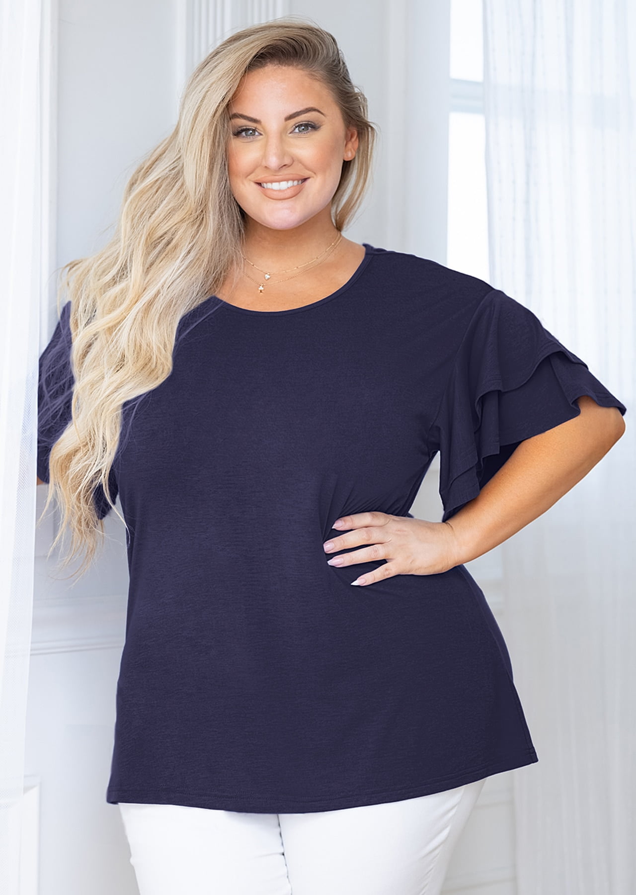 SHOWMALL Oversized Navy Blue Tee, Women's 5X Size Crewneck Short Sleeve ...