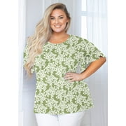 SHOWMALL Plus Size Clothes for Women Short Sleeve Green Roses 2X Tunic Shirt Summer Tops Blouse Loose Fitting Clothing