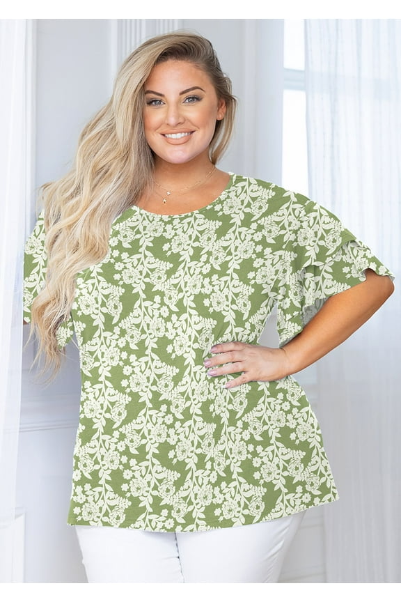 Plus Size Clothes for Women Short Sleeve Green Roses 2X Tunic Shirt Summer Tops Blouse Loose Fitting Clothing