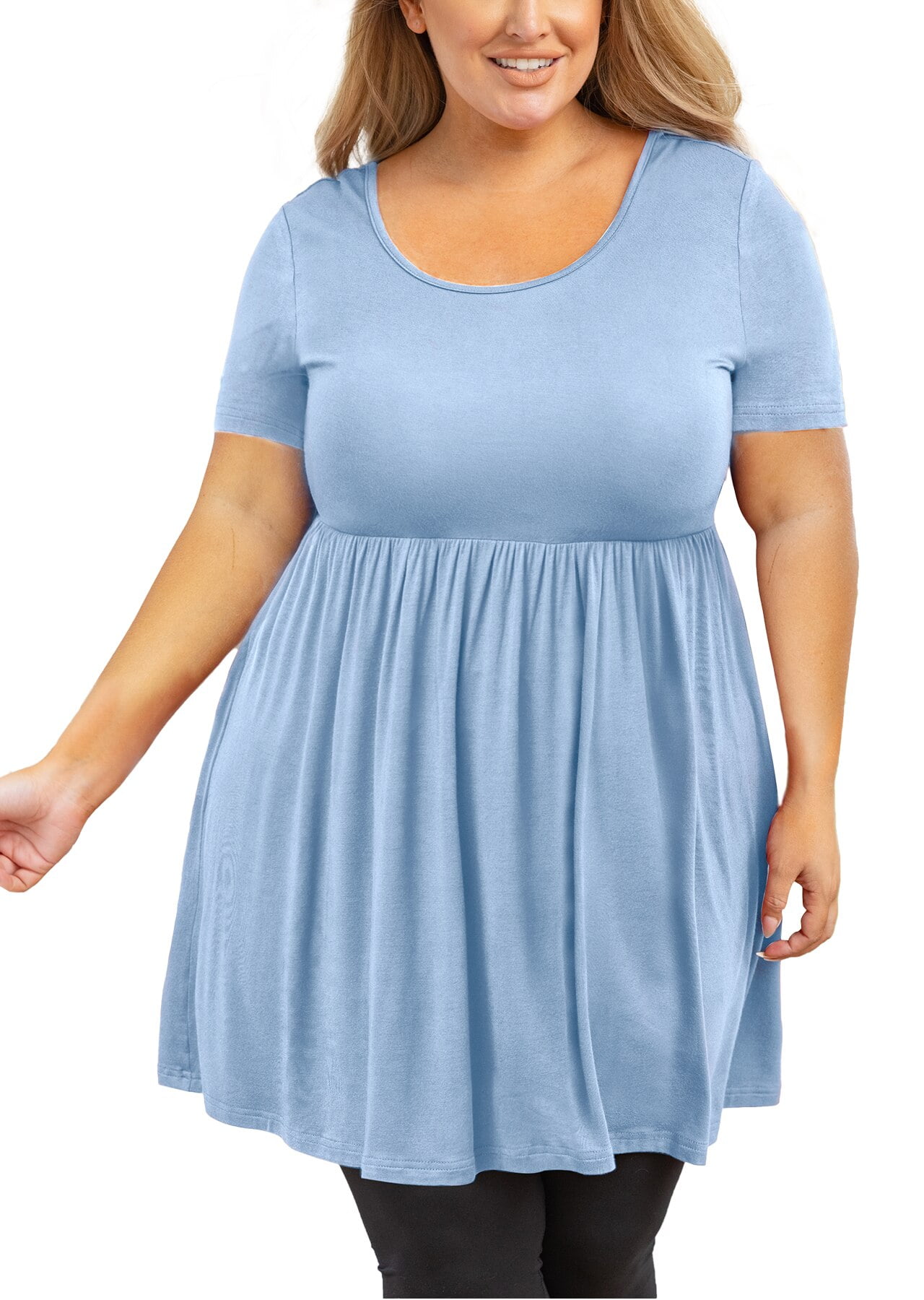 SHOWMALL Plus Size Clothes for Women Short Sleeve Light Blue 4X Crewneck  Summer Tunic Dress Pleated Flowy Maternity Loose Fit Babydoll T Shirt 