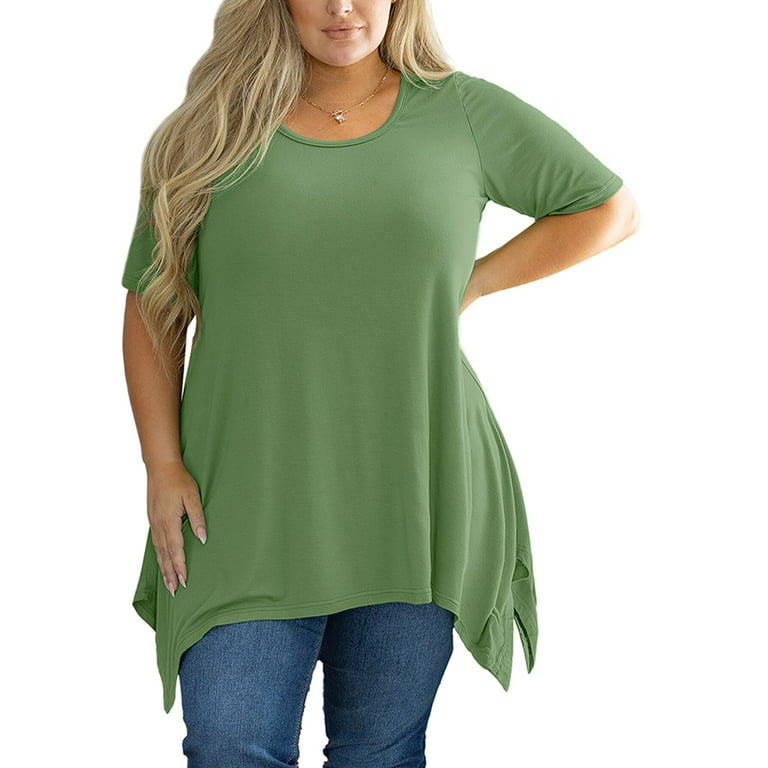 SHOWMALL Plus Size Clothes for Women Tunic Tops Short Sleeve Olive 1X  Summer Blouse Swing Tee Crewneck Clothing Flowy Shirt for Leggings