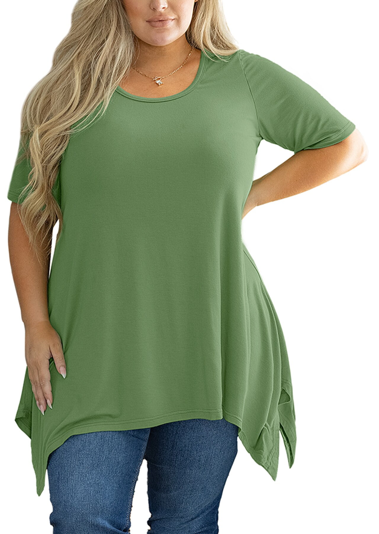 SHOWMALL Plus Size Clothing for Women Tunic Tops Short Sleeve Grey Blue 2X  Summer Blouse Swing Tee Crewneck Clothes Flowy Shirt for Leggings 