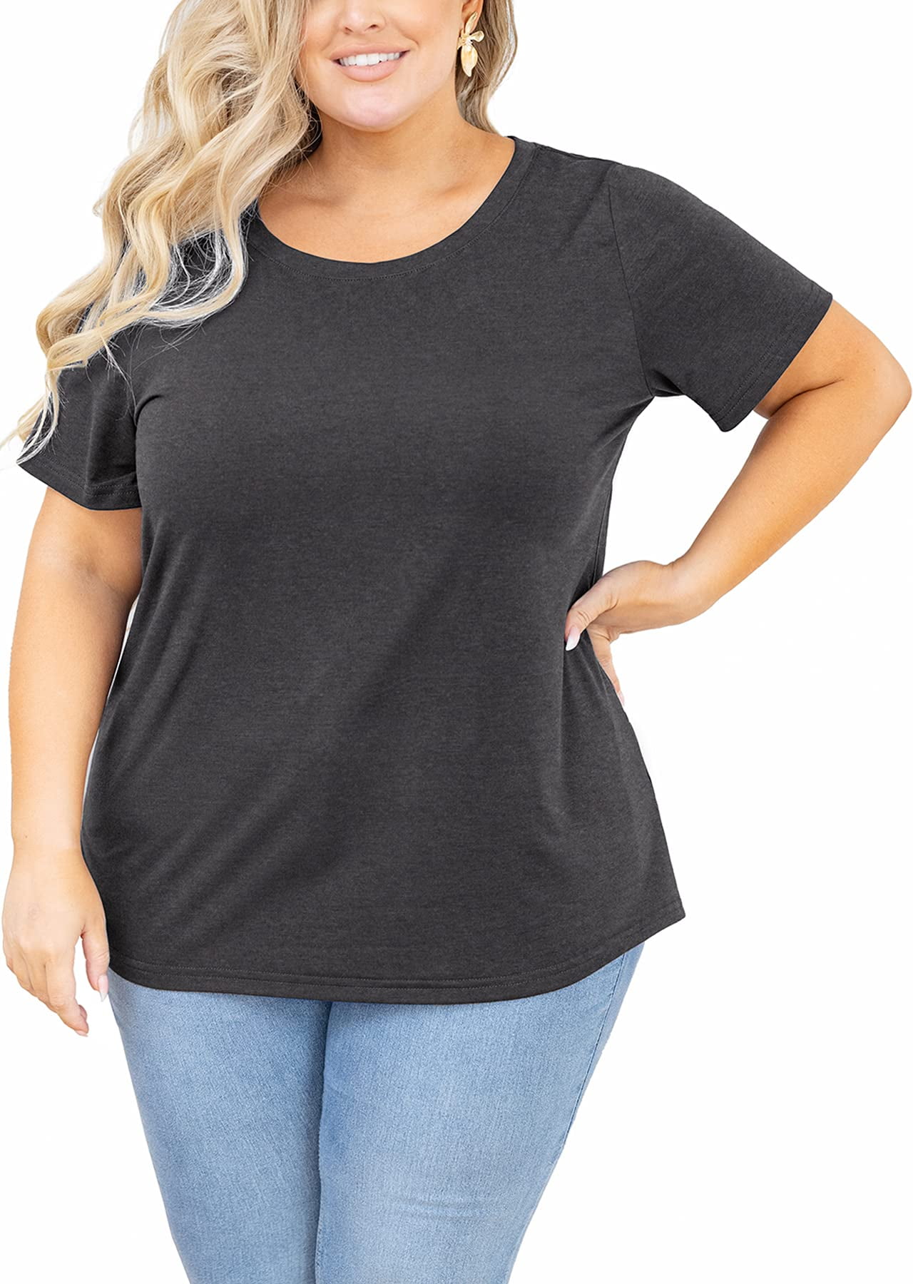 SHOWMALL Women Plus Size Tops Short Sleeve Tunic Side Slit Shirt Summer  V-Neck Blouse Black 3X Tops