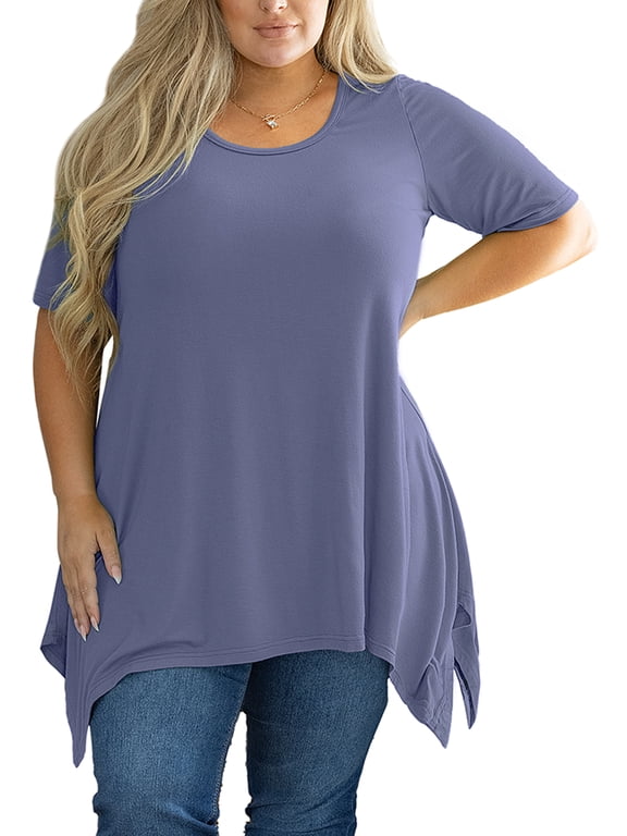 Plus Size Tops for Women, Short Sleeve Flowy Long Tunic Shirt for Leggings, Asymmetrical Hem Casual Everyday Top, Grey Blue, 1X-5X