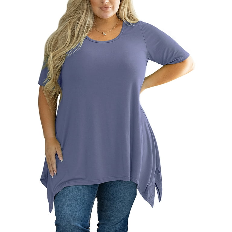 SHOWMALL Plus Size Clothing for Women Tunic Tops Short Sleeve Grey Blue 2X  Summer Blouse Swing Tee Crewneck Clothes Flowy Shirt for Leggings