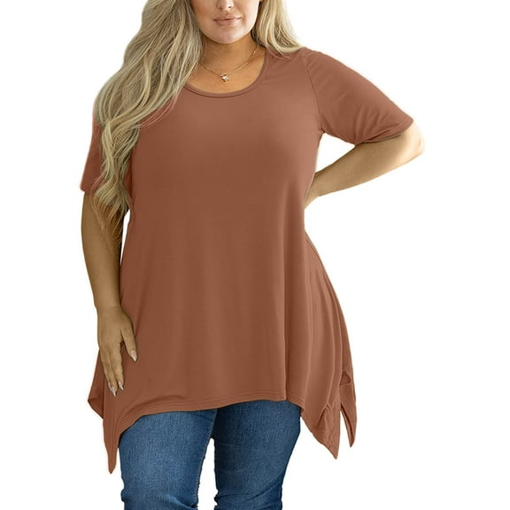 SHOWMALL Plus Size Clothing for Women Tunic Tops Short Sleeve Light coffee 3X Summer Blouse Swing Tee Crewneck Clothes Flowy Shirt for Leggings