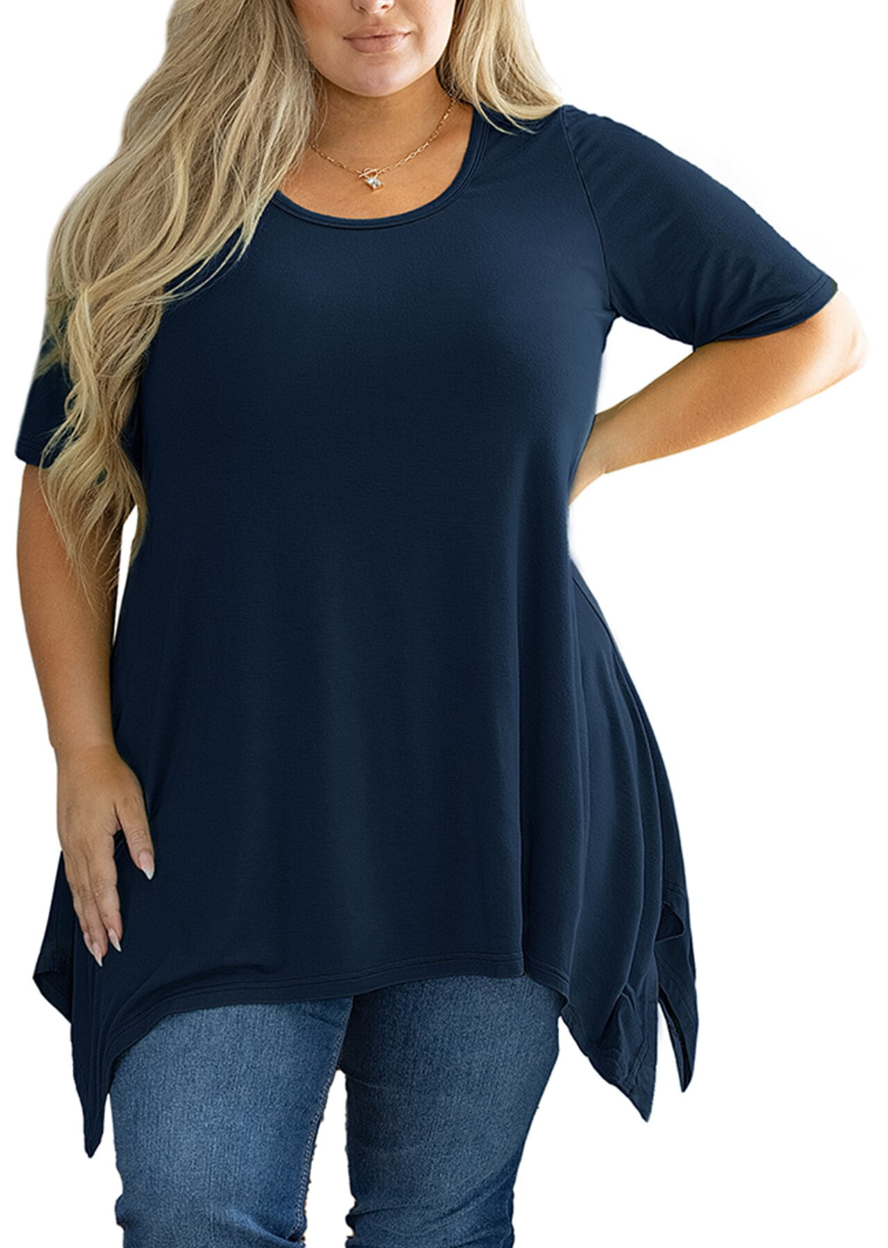 SHOWMALL Plus Size Clothing for Women Tunic Tops Short Sleeve Navy Blue 2X  Summer Blouse Swing Tee Crewneck Clothes Flowy Shirt for Leggings 