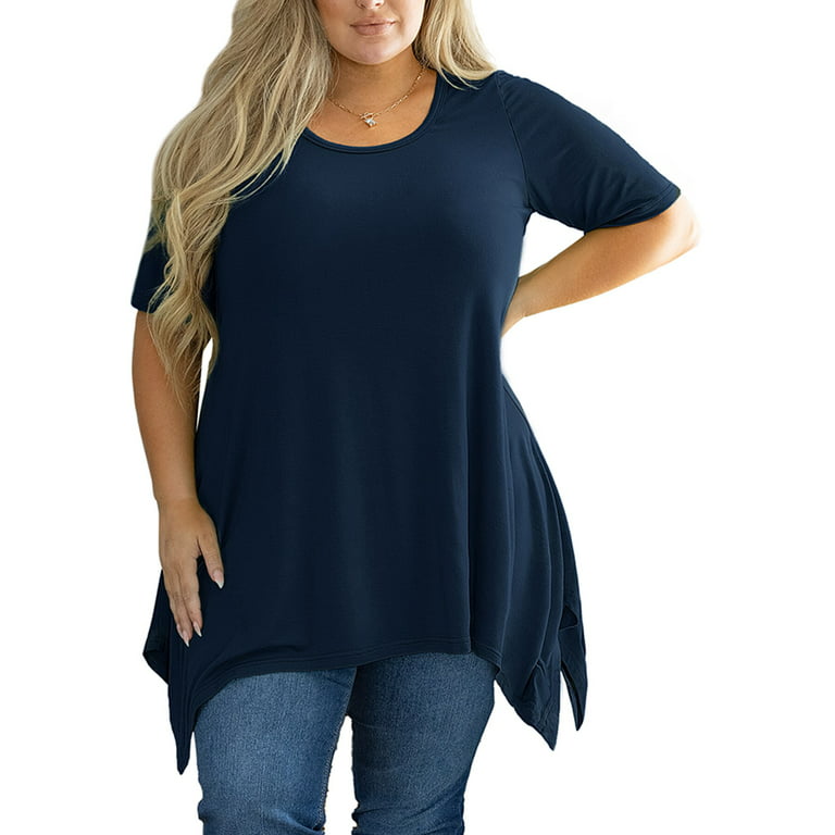 SHOWMALL Plus Size Clothing for Women Tunic Tops Short Sleeve Navy Blue 2X  Summer Blouse Swing Tee Crewneck Clothes Flowy Shirt for Leggings 