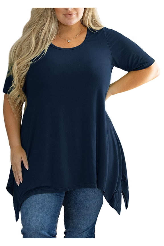 Plus Size Clothing for Women Tunic Tops Short Sleeve Navy Blue 4X Summer Blouse Swing Tee Crewneck Clothes Flowy Shirt for Leggings