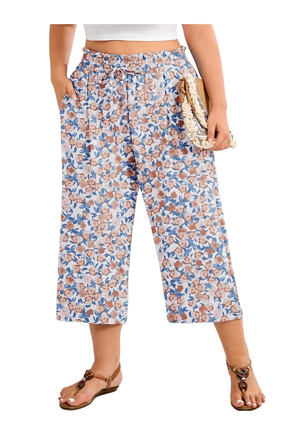 Plus Size Cropped Pants for Women, Flowy Wide Leg Capris for Casual & Resort Wear, Cottagecore Pink Blue Floral​ 1X Lightweight High Rise Travel Pants with Pockets