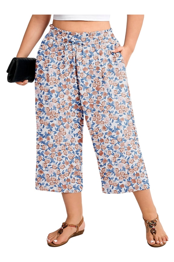 Plus Size Cropped Pants for Women, Flowy Wide Leg Capris for Casual & Resort Wear, Cottagecore Pink Blue Floral 3X Lightweight High Rise Travel Pants with Pockets