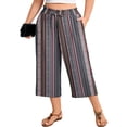 thumbnail image 1 of SHOWMALL Plus Size Cropped Pants for Women, Flowy Wide Leg Capris for Casual & Resort Wear, Ethnic Geometric Stripe 1X Lightweight High Rise Travel Pants with Pockets, 1 of 8