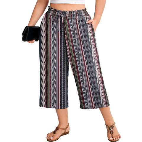 SHOWMALL Plus Size Cropped Pants for Women, Flowy Wide Leg Capris for Casual & Resort Wear, Ethnic Geometric Stripe 3X Lightweight High Rise Travel Pants with Pockets
