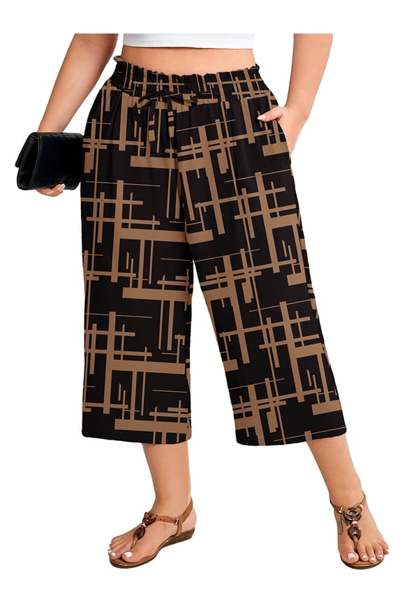 Plus Size Cropped Pants for Women, Flowy Wide Leg Capris for Casual & Resort Wear, Geometric Grid Black 1X Lightweight High Rise Travel Pants with Pockets
