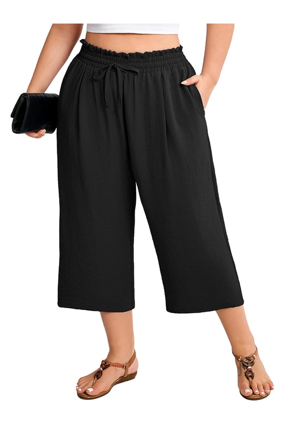 Plus Size Cropped Pants for Women, Flowy Wide Leg Capris for Casual & Resort Wear, Black 1X Lightweight High Rise Travel Pants with Pockets