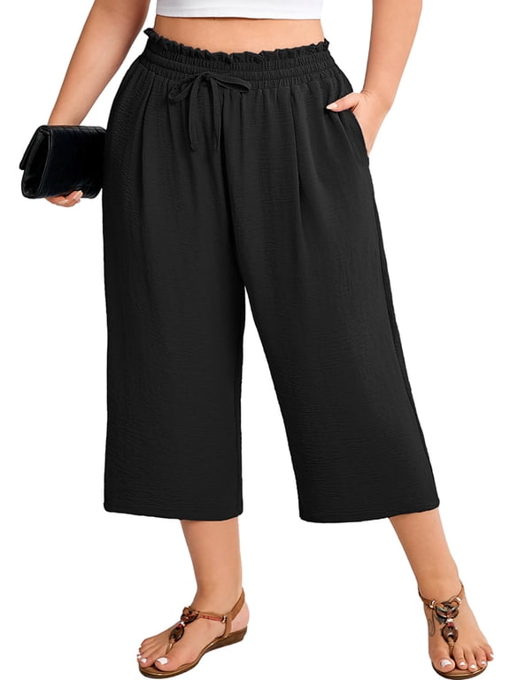 Plus Size Cropped Pants for Women, Flowy Wide Leg Capris for Casual & Resort Wear, Black 3X Lightweight High Rise Travel Pants with Pockets