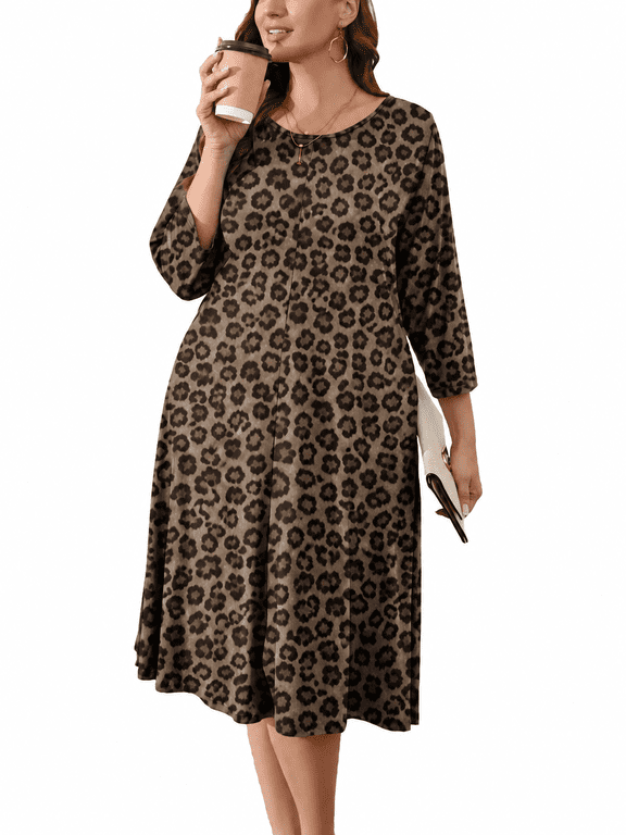 Plus Size Fall Dresses for Women, Brown Black Leopard Print 3/4 Sleeve A-Line Midi Dress with Pockets, Casual Party Dress