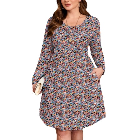 SHOWMALL Plus Size Floral Midi Dress with Pockets for Women, Vibrant Floral Black 4X Long Sleeve Scoopneck Swing A-Line, Comfortable for Spring/Fall/Winter