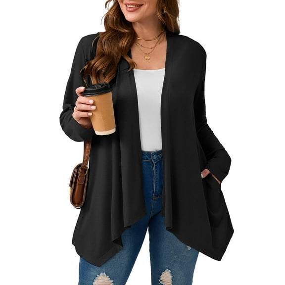 SHOWMALL Plus Size Lightweight Long Sleeve Cardigan for Women, Black 2X Open Front Sweater with Pockets, Casual Layering for Spring Fall
