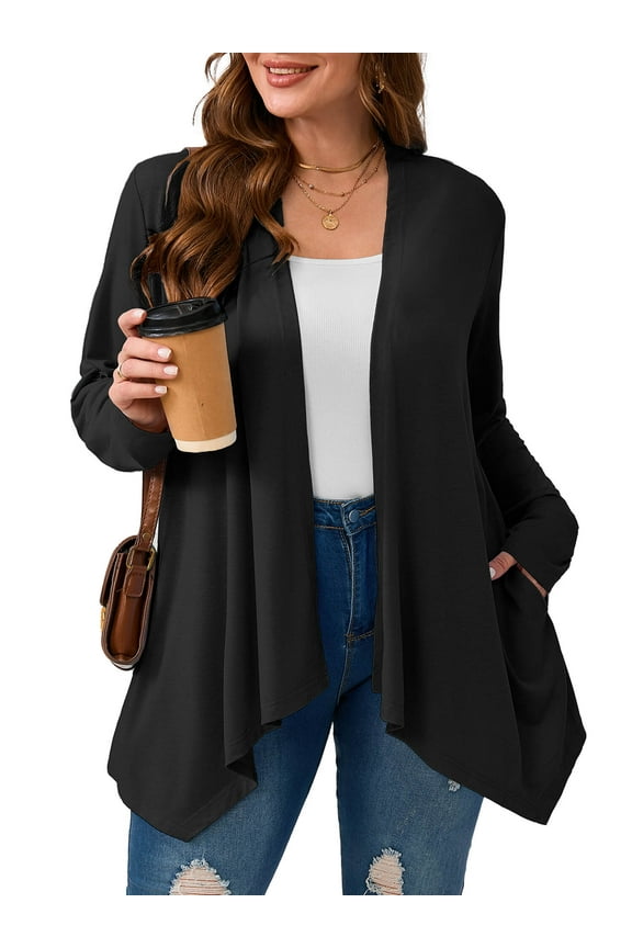 Plus Size Lightweight Long Sleeve Cardigan for Women, Black 3X Open Front Sweater with Pockets, Casual Layering for Spring Fall