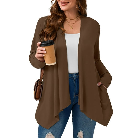 SHOWMALL Plus Size Lightweight Long Sleeve Cardigan for Women, Coffee 4X Open Front Sweater with Pockets, Casual Layering for Spring Fall
