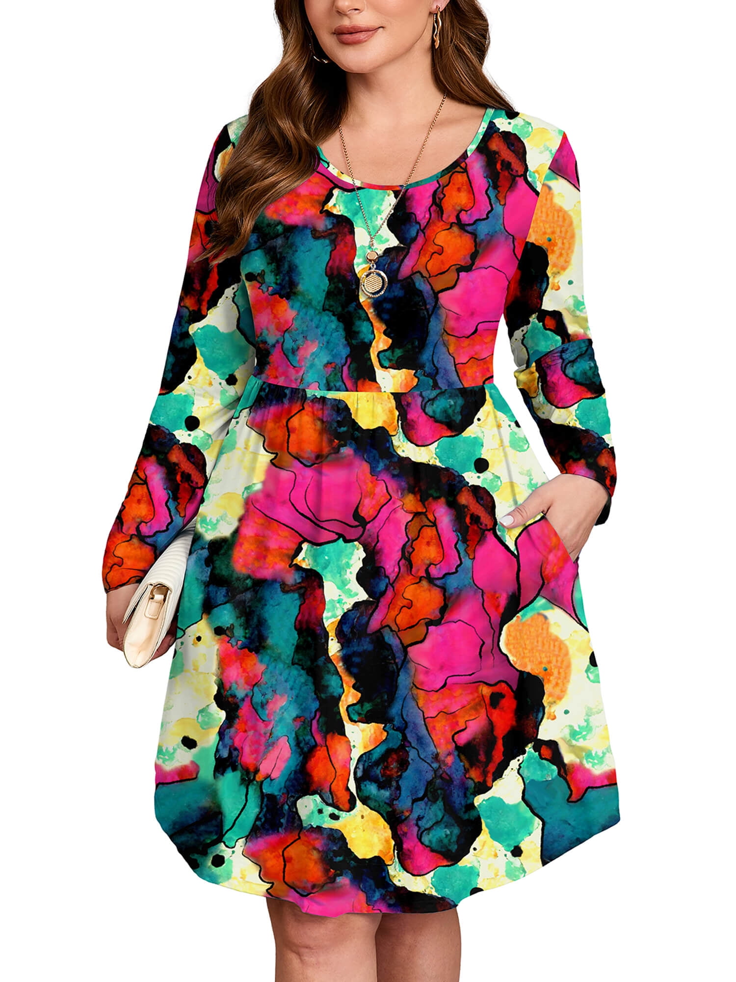 navy blue dress for baby girl SHOWMALL Plus Size Long Sleeve Printed A-Line Dress, Togo