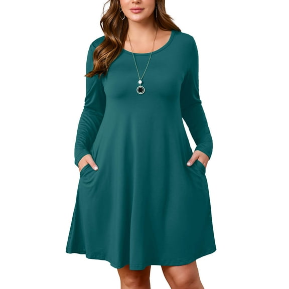 SHOWMALL Plus Size Long Sleeve T-Shirt Dress for Women, Indigo Blue 3X Crewneck A-Line Casual Dress, Work/Dating/Travel, Easy Layering
