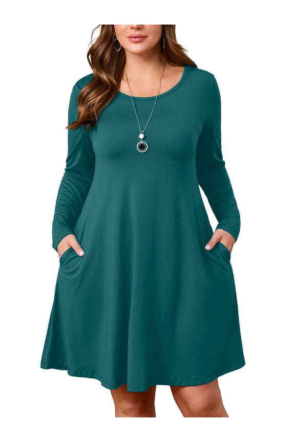 Plus Size Long Sleeve T-Shirt Dress for Women, Indigo Blue 3X Crewneck A-Line Casual Dress, Work/Dating/Travel, Easy Layering