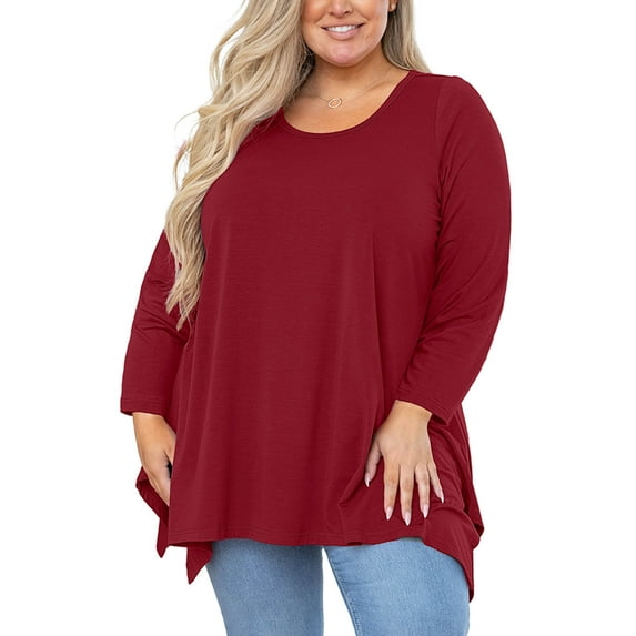 SHOWMALL Plus Size Long Sleeve Tunic Shirt for Women, Wine Red 1X Scoop Neck Blouses, Asym Hem, Relaxed Fit Tops for Office, Travel, Everyday, Christmas