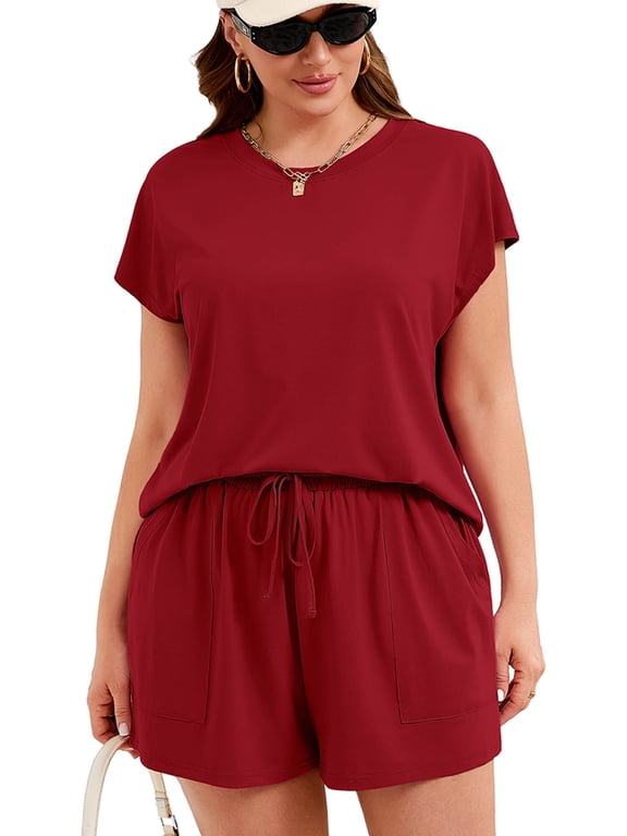 Plus Size Loungewear for Women 2 Piece Sets - Comfortable Summer Shorts Set with Pockets for Travel & Errands, Burgundy 2X