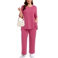 thumbnail image 1 of SHOWMALL Plus Size Matching Sets for Women 2 Piece Leisure Outfits Short Sleeve Lounge Wear with Pockets Purple Red 1X, 1 of 10